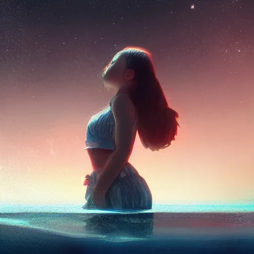 Prompt: cute girl with puckered lips standing on top of water looking down with curiosity into the dark abys with the stars above reflecting onto the water, trending on artstation, trending on deviantart, cinematic lighting, high detail, greg rutkowski, 8 k