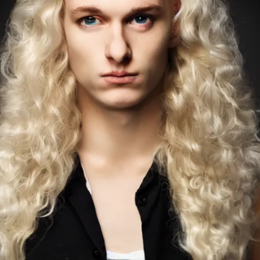 Image similar to a blond bombshell that is male, androgynous pretty pale skin, long curly blond hair, white shirt and black miniskirt