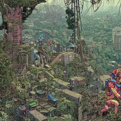 Image similar to hyper detailed comic illustration of a young male explorer wearing a cyberpunk headpiece sitting by a ruin in a dense and lush forest, by Josan Gonzalez and Geof Darrow, aerial view, highly detailed, 8k wallpaper