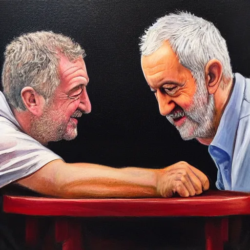 Image similar to oil painting of jeremy clarkson and jeremy corbyn arm wrestling in a dingy pub