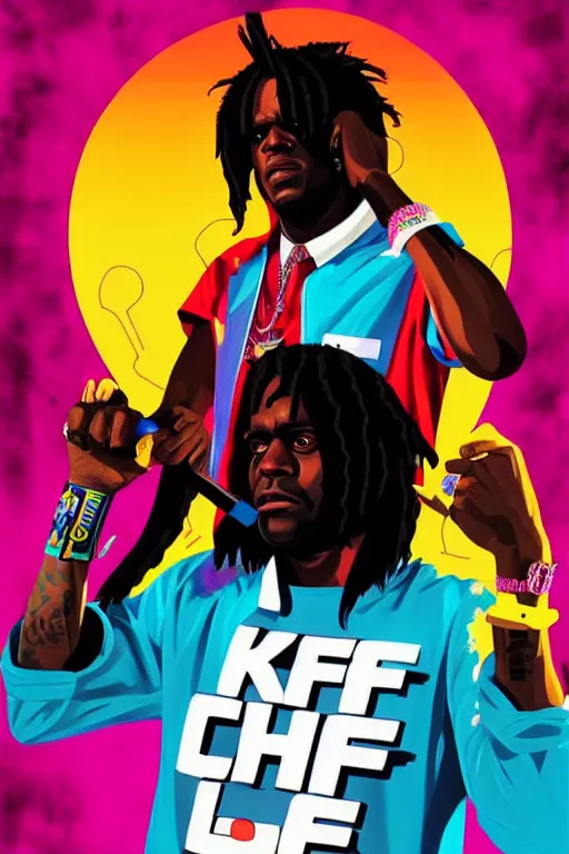 Image similar to chief keef with riffle, gta vice city style art, pop art, no duplicate image, glowing lights, ultra details, ultra realistic, digital painting, artstation, concept art, smooth, sharp focus, illustration, intecrate details, art by richard hamilton and mimmo rottela, pixels art by kirokaze and paul robertson