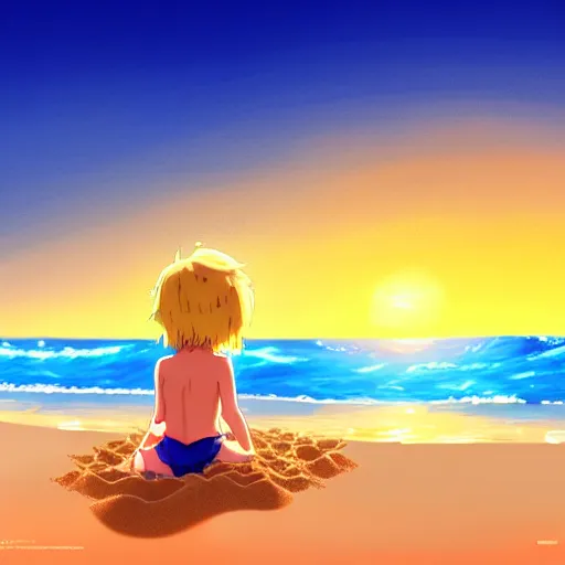 Image similar to beautiful, detailed digital painting of a blond-haired child making sandcastles on the beach and looking at the sunset, anime by Makoto Shinkai, sand, waves, trending on artstation