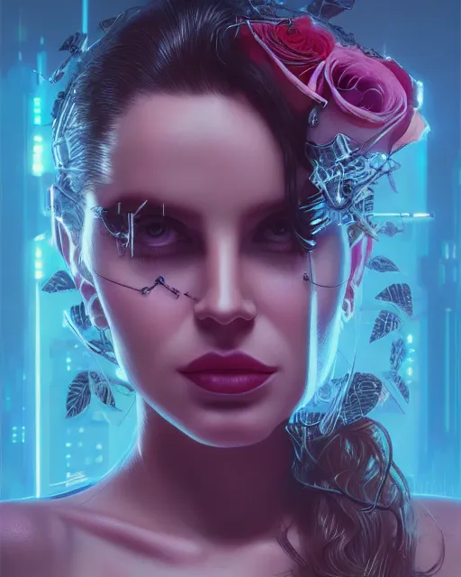 Image similar to portrait of lana del rey as a cyberpunk cyborg. sci - fi intricate abstract upper body intricate artwork, roses, rose petals by tooth wu, wlop, beeple, dan mumford. concept art, octane render, trending on artstation, greg rutkowski, asymmetrical, cinematic arthouse, key art, hyper realism, iridescent accents