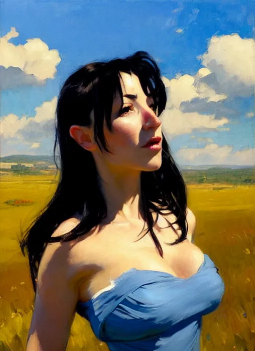 Image similar to Greg Manchess painting of Tifa Lockheart, countryside, calm, fantasy character portrait, dynamic pose, above view, sunny day, thunder clouds in the sky, artwork by Jeremy Lipkin and Giuseppe Dangelico Pino and Michael Garmash and Rob Rey, very coherent asymmetrical artwork, sharp edges, perfect face, simple form, wacky, 100mm