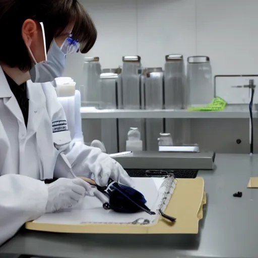 Image similar to mothman, wearing a labcoat, in a lab, writing on a clipboard