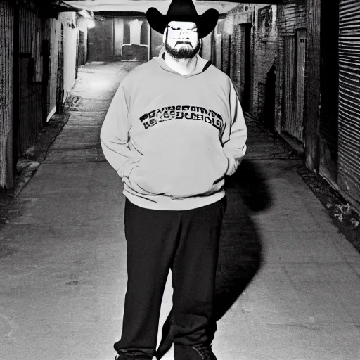 Image similar to Good ol' JR Jim Ross, wearing a tracksuit, standing in a dark alleyway, wearing a black cowboy hat, cyberpunk