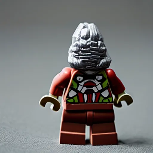 Image similar to an orc warrior Lego minifig, macro photography.