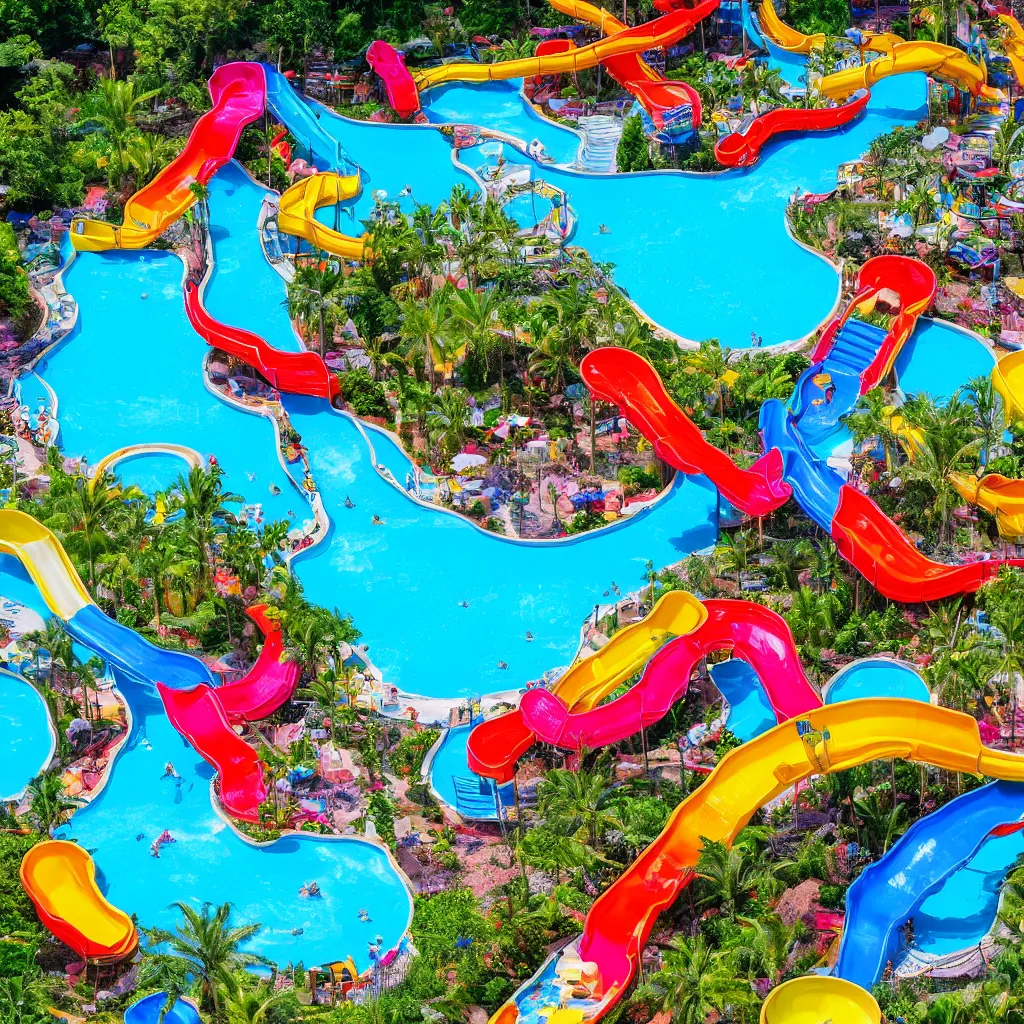 Image similar to colorful water slides with pools of bright blue water, lazy river, birds eye view