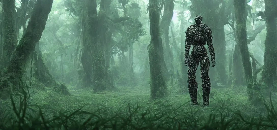 Prompt: a complex organic fractal 3 d metallic symbiotic ceramic humanoid megastructure creature in a swampy lush forest, foggy, cinematic shot, photo still from movie by denis villeneuve, 9 0 s anime