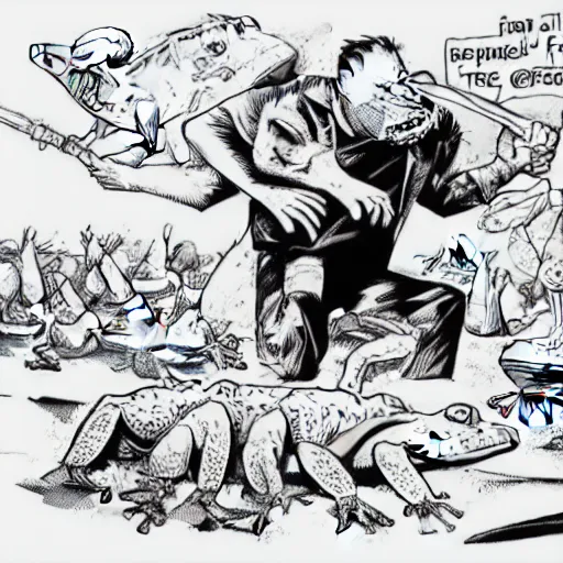 Image similar to Alex Jones killing thousands of frogs. illustration concept art in the style of Arthur Adams