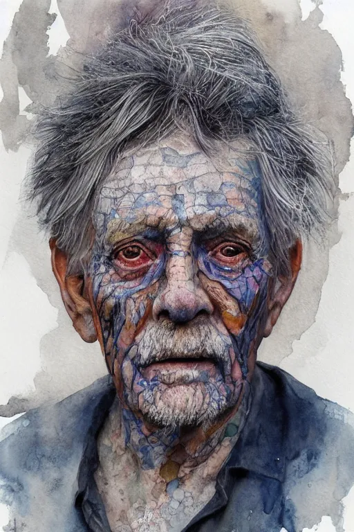 Image similar to portrait of a very old man with aquarelle painted skin. close up, very dark bluish hair, light eyes, intricate dark flowers pattern everywhere, high detail, by Eddie Mendoza