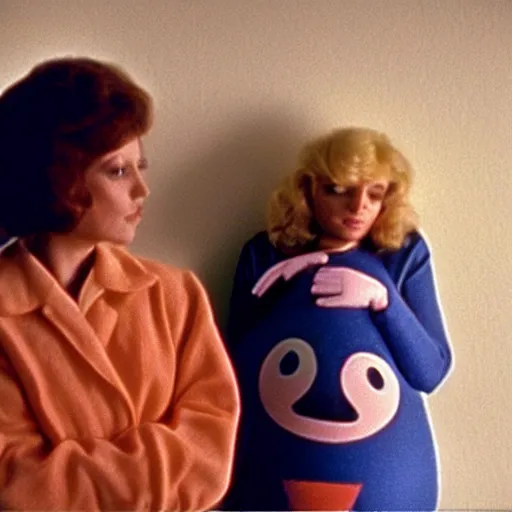 Image similar to still from a 1980 arthouse film about a depressed housewife dressed as a squishy inflatable toy who meets a handsome younger man in a seedy motel room, color film, 16mm soft light, art on the wall