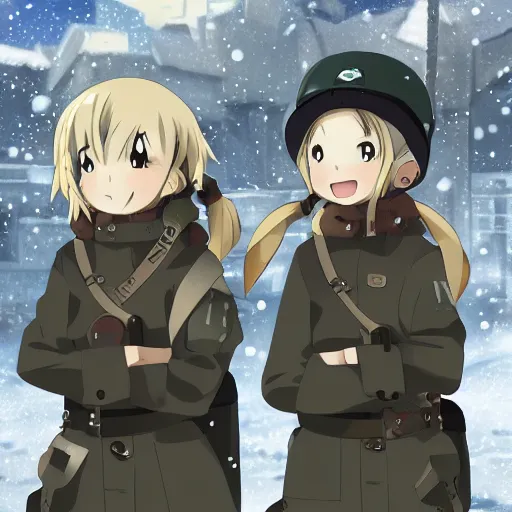 Prompt: Yuuri and Chito from the anime Girls Last Tour by tsukumizu, winter landscape, post-apocalyptic, Danbooru, anime, HD wallpaper, detailed, digital art