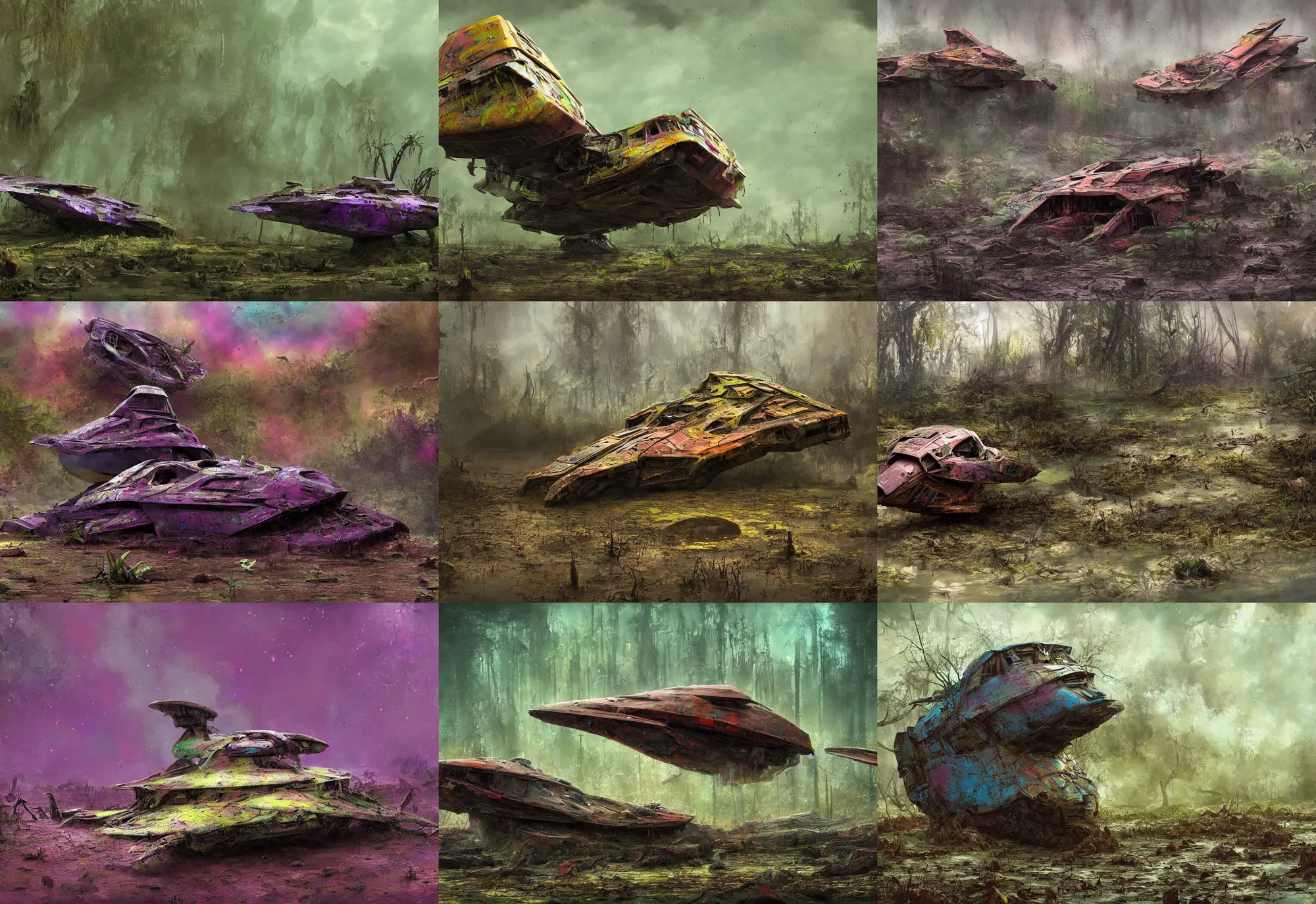 Prompt: matte painting of a crashed very colorful cute alien scout ship covered in mud in a extremely watery swamp, 4 k