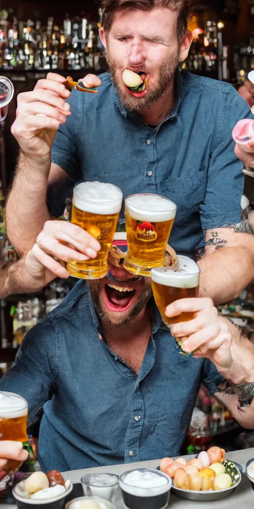 Prompt: british man eating pickled eggs and pints at the pub