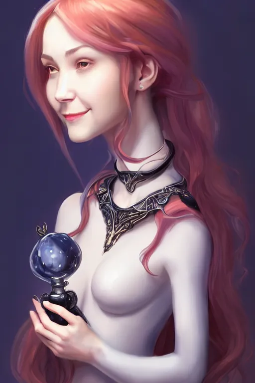 Image similar to portrait of a gorgeous young female artificer holding a strange device, looking at camera, D&D, choker on neck, stylish dress, mouth slightly open, cute slightly nerdy smile, very long flowing hair, intricate, elegant, stylish, fantasy, extremely detailed, digital painting, artstation, concept art, smooth, sharp focus, illustration, stunning lighting, art by artgerm and greg rutkowski and alphonse mucha and simon stalenhag