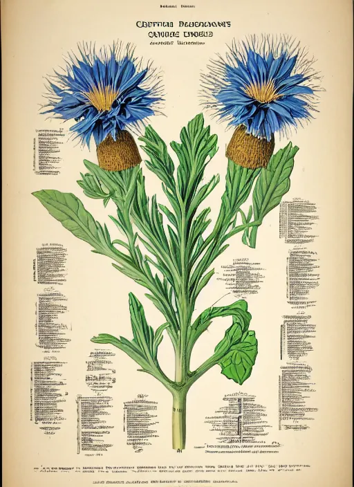 Prompt: centaurea cyanus, anatomy diagram, kohler's medicinal plants 1 8 9 7, textless