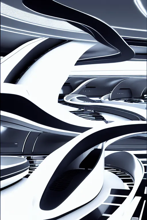 Image similar to zaha hadid space station, monochrome dark colors, trending on artstation, featured on behance