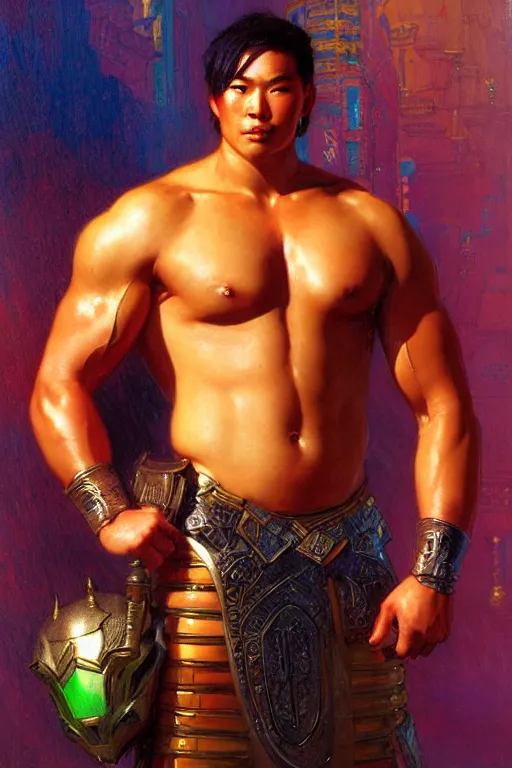 Image similar to attractive beefy male with armor, asian style, character design, colorful, neon lights, painting by gaston bussiere, craig mullins, j. c. leyendecker, tom of finland