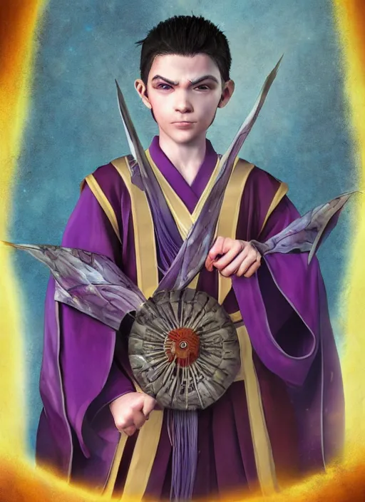 Image similar to An epic fantasy comic book style portrait painting of a young boy with straight indigo hair, purple eyes with red eye markers, slim body, wearing a detailed Japanese kimono with traits of the god Fuujin, holding a pair of fans. Unreal 5, DAZ, hyperrealistic, octane render, cosplay, RPG portrait, dynamic lighting