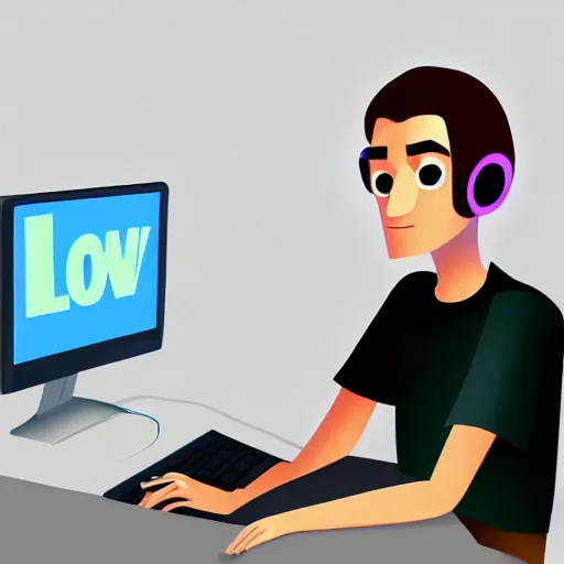 Image similar to low - fi character, pixar style, computer programmer working at computer