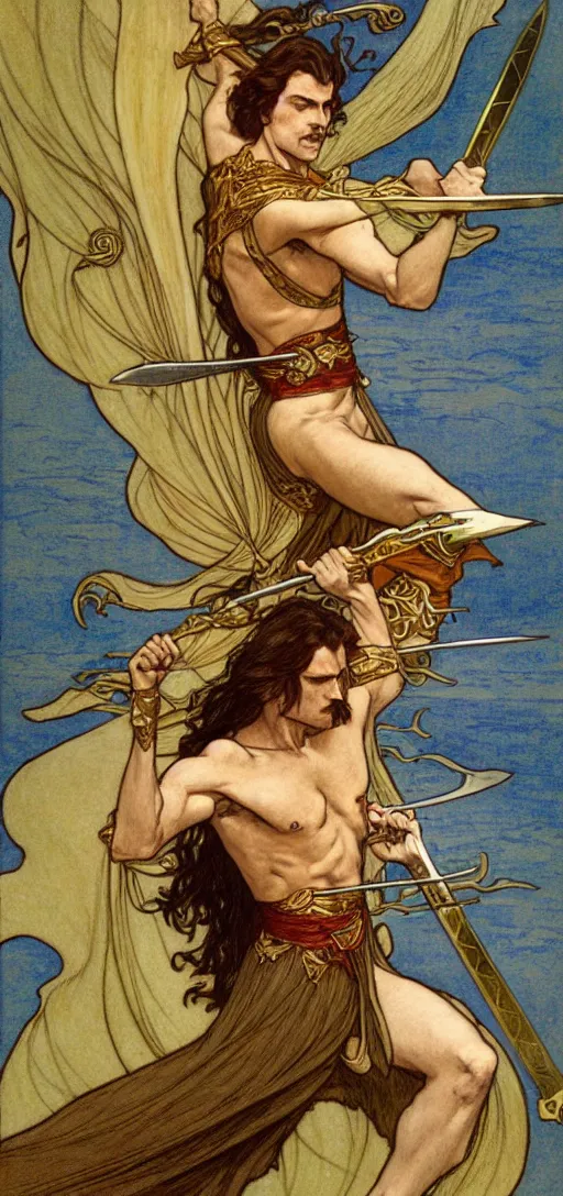 Prompt: one golden swordsman wielding two swords leans back as he lunges elegantly in the wind, his robes and long hair flowing in the breeze, fantasy, Mucha, MTG, Game of Thrones, salsa dancing, Rossetti, Millais, anatomically correct