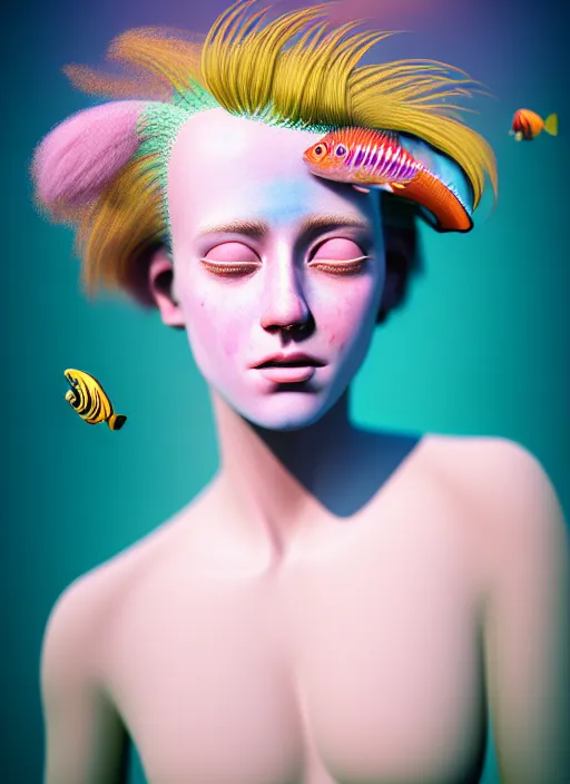 Image similar to Kodak Portra 400, 8K, soft light, volumetric lighting, highly detailed, fine art portrait photography in style of Giovanni Gastel , britt marling style 3/4 face morphing with soft pastel colors tropical fishes, metamorphosis complex 3d render, 150 mm lens, soft blur background, bust with intricate details, elegant, hyper realistic, ultra detailed, octane render, etheric, outworldly colours, emotionally evoking, head in focus, fantasy, ornamental, intricate, elegant, 8K, soft light, volumetric underwater lighting, highly detailed, Refined, Highly Detailed, soft lighting colors scheme, fine art photography, Hyper realistic, photo realistic