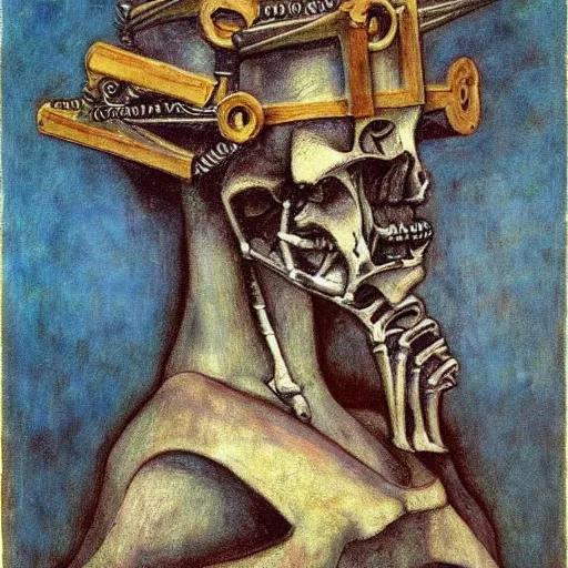 Image similar to the robot wearing the bone crown, by Annie Swynnerton and Diego Rivera, symbolist, dramatic lighting, elaborate geometric ornament, Art Brut ,god rays, soft cool colors,smooth, sharp focus, extremely detailed, Adolf Wölfli