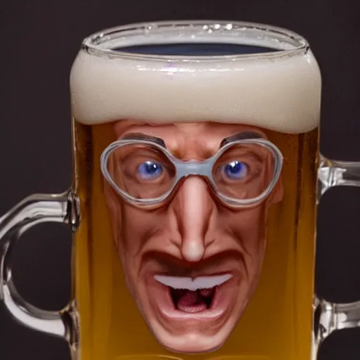 Image similar to stephen colbert face inside a foamy!!! a clear beer stein, 8 k, ultra realistic details