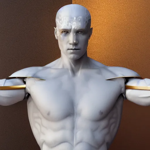 Image similar to statue of white marble with gold veins of strong attractive futuristic cybernetic man adonis posing, hyper realistic, transhumanism, perfect symmetrical body, perfect symmetrical face, hyper detailed, full body shot, by johannen voss, by peter kemp, by monia merlo, by michelangelo octane render blender, 8 k