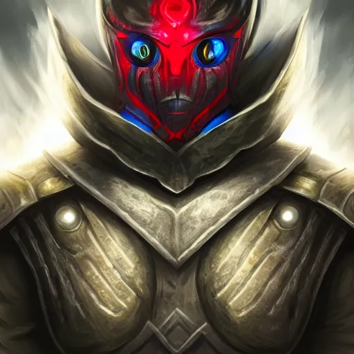 Prompt: a highly detailed character portrait of a man wearing a epic shadow armor with glowing red eyes