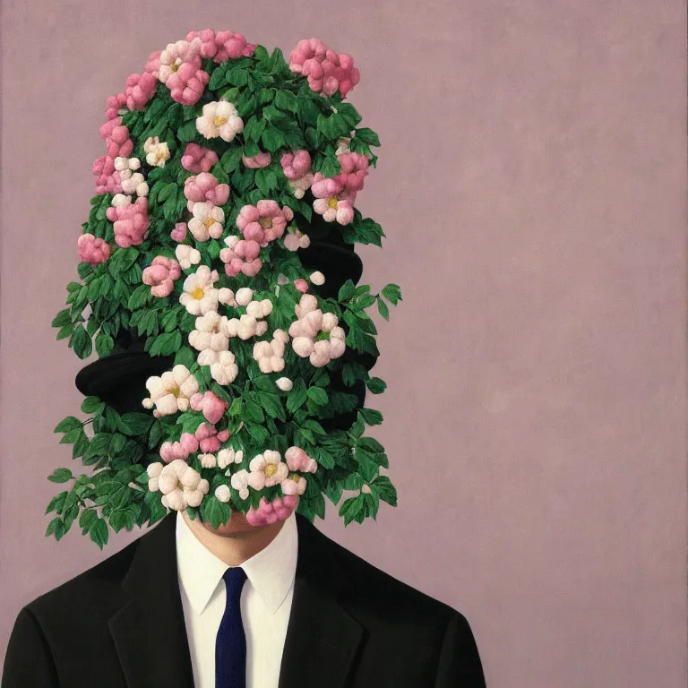 Image similar to portrait of man in a suit with flowers hiding his face by rene magritte, detailed painting, hd, hq, high resolution, high detail, 4 k, 8 k