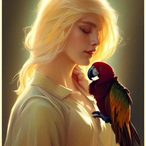 Image similar to portrait of a young blonde girl with a parrot, upper body, long hair, intricate, elegant, highly detailed, digital painting, artstation, concept art, matte, sharp focus, illustration, art by artgerm and greg rutkowski and alphonse mucha