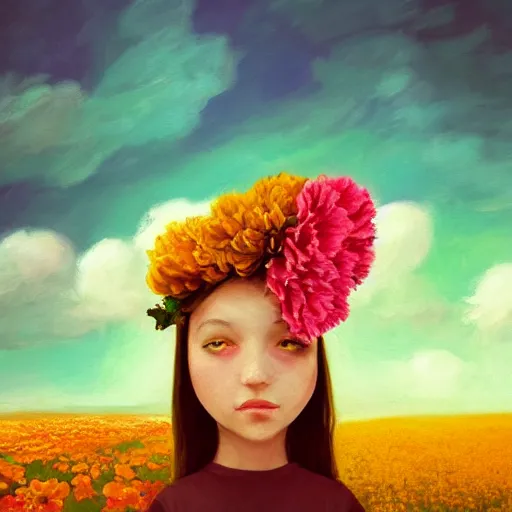 Prompt: giant carnation flower head and face, girl in a flower field, surreal photography, sunrise dramatic light, impressionist painting, colorful clouds, digital painting, artstation, simon stalenhag, flower face