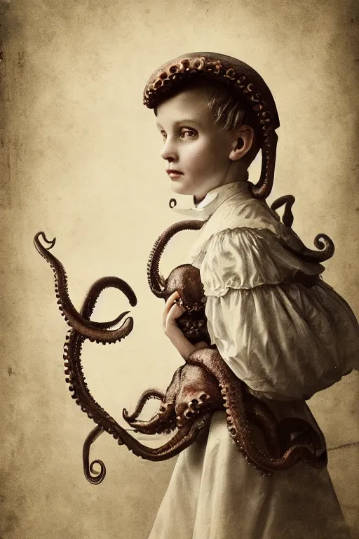 Image similar to wet plate photograph portrait of a victorian - era anthropomorphic octopus child dressed in a victorian - era clothing, dramatic lighting, highly detailed, digital painting, artstation, concept art, smooth, sharp focus, illustration, art by wlop, mars ravelo and greg rutkowski