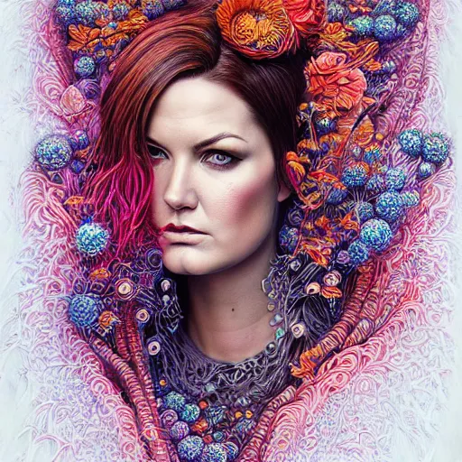 Image similar to portrait of danneel ackles, hyper detailed masterpiece, neon floral pattern, jean giraud, digital art painting, darkwave goth aesthetic, psychedelic, artgerm, donato giancola and tom bagshaw