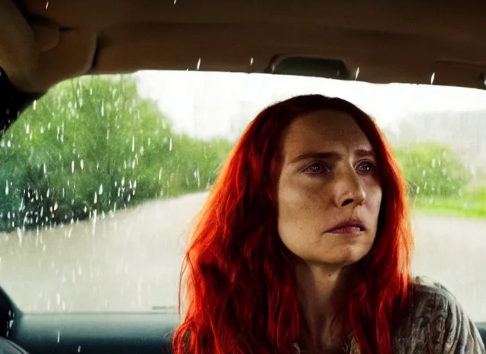 Image similar to A very high resolution image from a new movie, inside of a car, red hair woman, raining, hot, directed by wes anderson