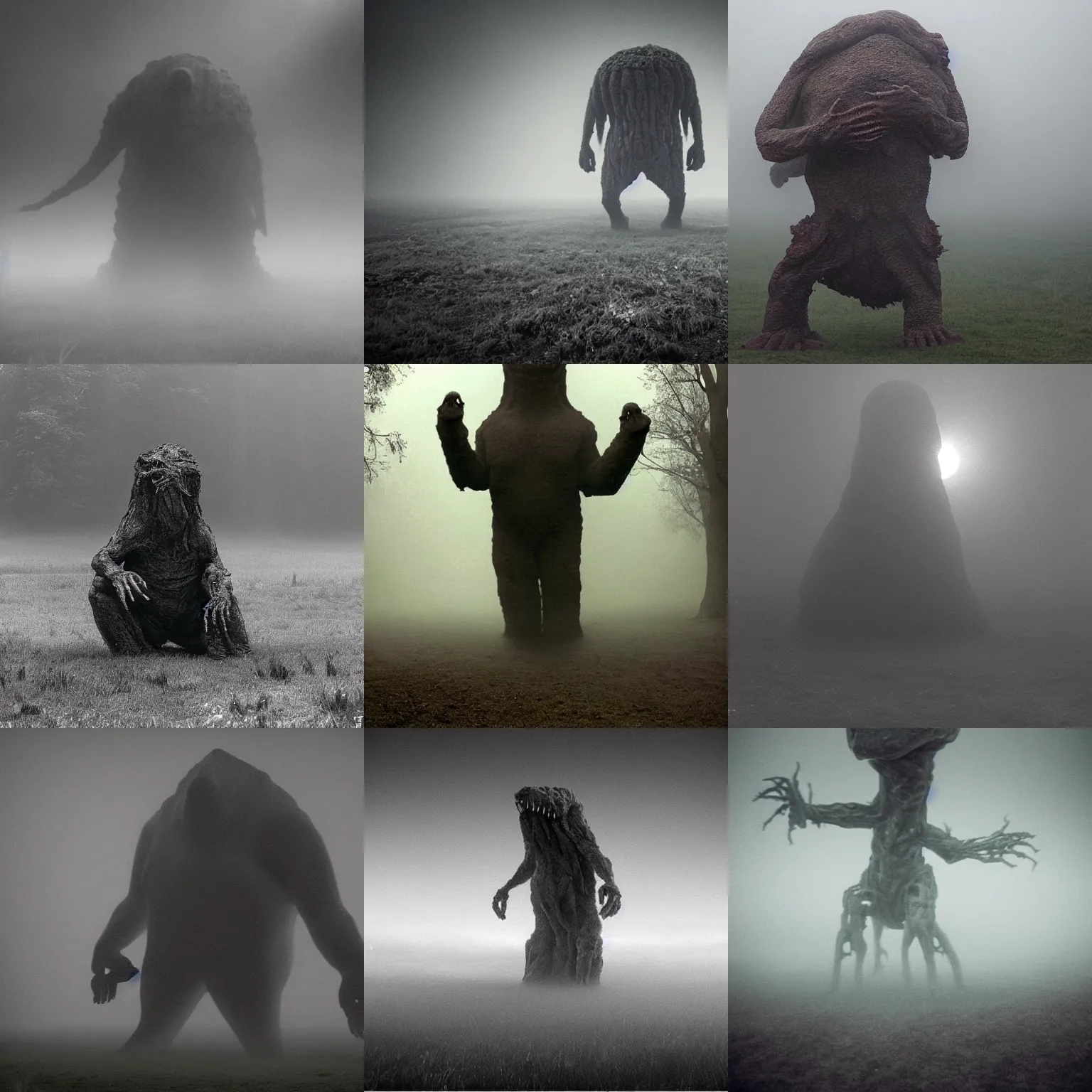 Prompt: eerie fleshy giant creature thing in the mist, terrifying, silly and goofy, spiritual cryptid, awe inspiring, grainy footage, zdislaw beksinsi