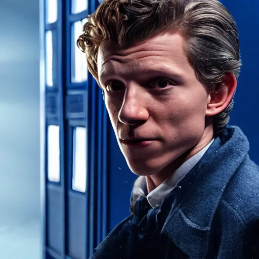 Image similar to tom holland as a rough dirty old man with a scruffy beard in a dark blue trenchcoat as the new doctor who, cinematic, volumetric lighting, f 8 aperture, cinematic eastman 5 3 8 4 film, photorealistic