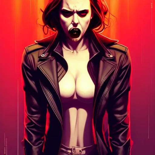 Image similar to rafael albuquerque comic art, peter mohrbacher, steve niles, artgerm, pretty scarlett johansson vampire sharp vampire teeth open mouth, symmetrical eyes, black leather jacket, jeans, long blonde hair