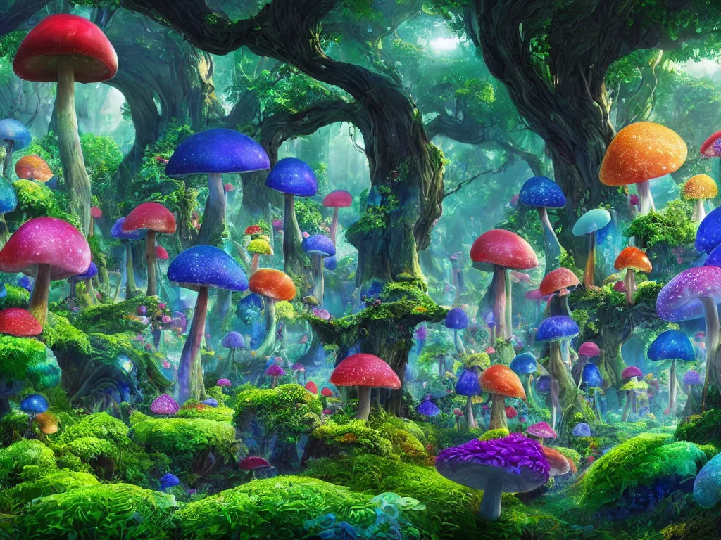Image similar to a beautiful otherworldly fantasy landscape of giant luminous mushroom trees forming canopies over bright colorful mythical sprouted floral plants and colorful foliage on the ground, like alice in wonderland, extreme detail, studio ghibli and pixar and abzu, rendering, cryengine, deep color, vray render, cinema 4 d, cgsociety, bioluminescent