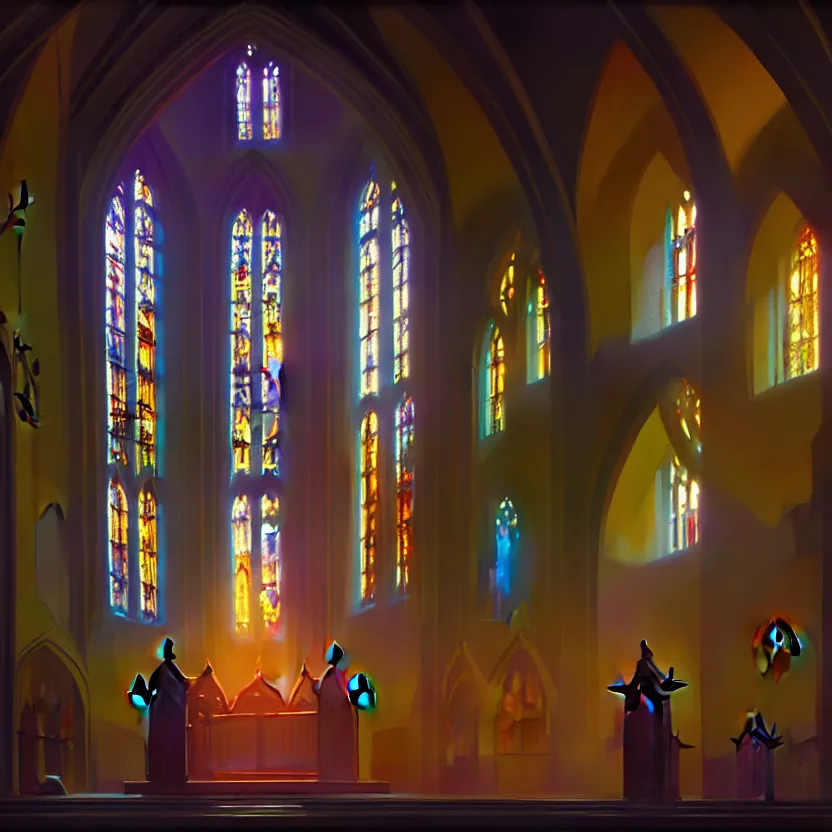 Prompt: curch with chapel, colorful windows, glory light, digital painting, concept art, greg rutkowski, artstation, cinematic, matte painting