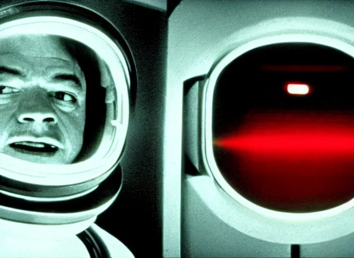 Prompt: film still of young old Cheech Marin as Dr. Dave Bowman with HAL 9000 glowing red in the background in 2001 A Space Odyssey