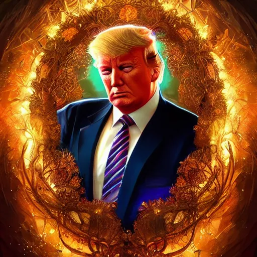 Image similar to ultra realistic illustration of magical president trump, forest, fantasy, colorful lights, intricate, elegant, highly detailed, digital painting, artstation, concept art, smooth, sharp focus, illustration, art by artgerm and greg rutkowski and alphonse mucha