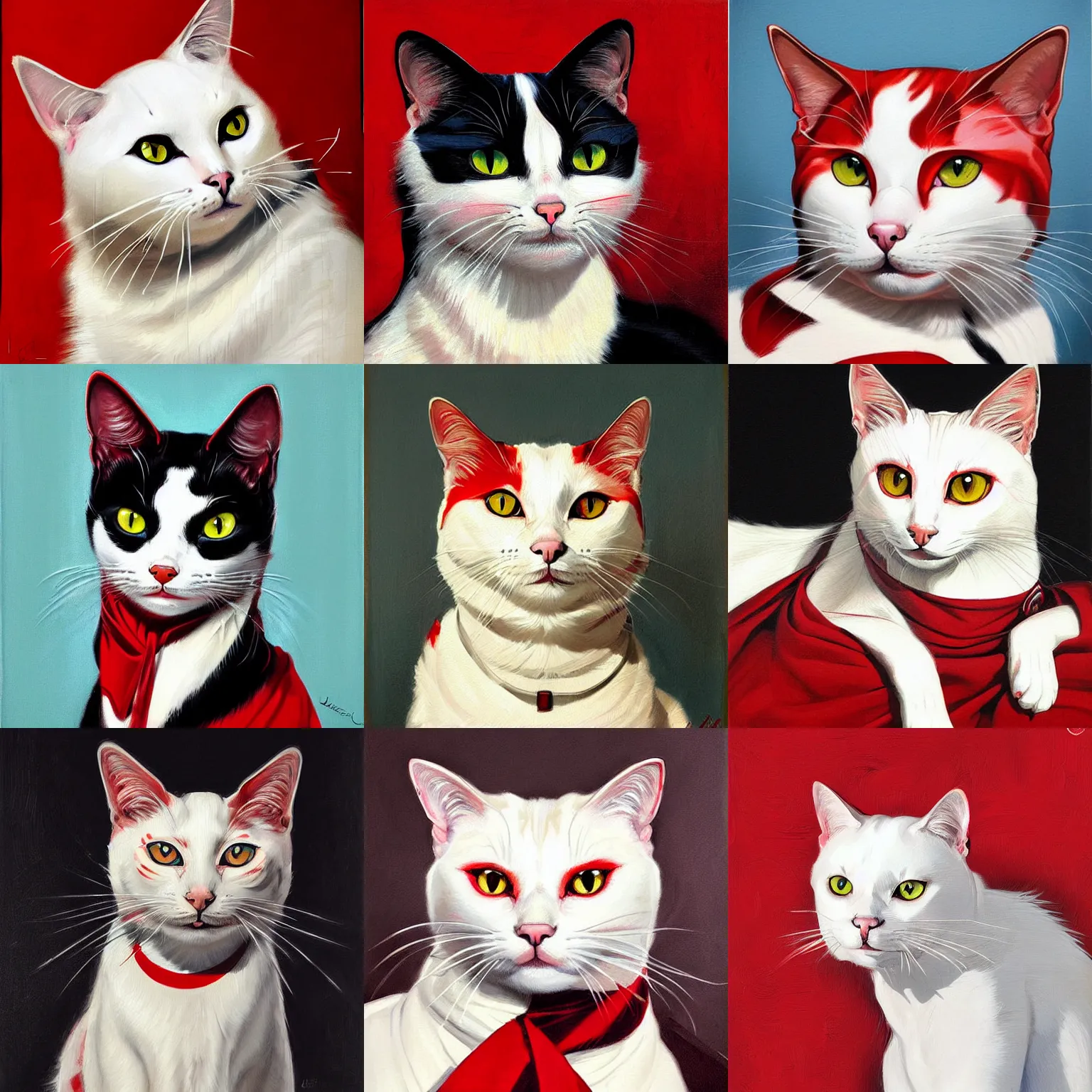 Prompt: realistic portrait painting of a clever white ( okami style ) cat with red patterns, plain white background, no people, art by jc leyendecker, phil hale, angular, brush strokes, painterly, crisp, portrait of a cat, cat portrait painting