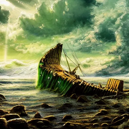 Image similar to wooden shipwreck of old pirate ship on rocks at sea, dramatic lighting, sun beams, god rays illuminating wreck, dark background, gloomy green sea, fantasy art, painting, concept art, oil painting, brushstrokes