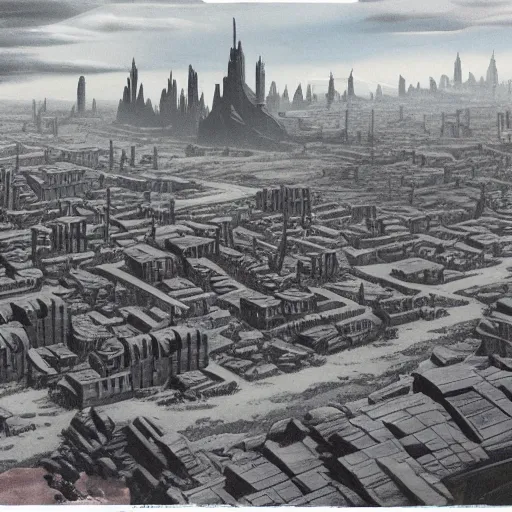 Image similar to 1 9 4 8 unused disney matte painting of a wasteland with the ruins of a modern city in the distance.