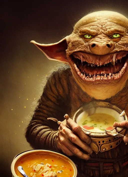 Image similar to highly detailed closeup portrait of a medieval goblin eating soup, stephen bliss, unreal engine, greg rutkowski, ilya kuvshinov, ross draws, hyung tae and frank frazetta, tom bagshaw, tom whalen, nicoletta ceccoli, mark ryden, earl norem, global illumination, god rays, detailed and intricate environment