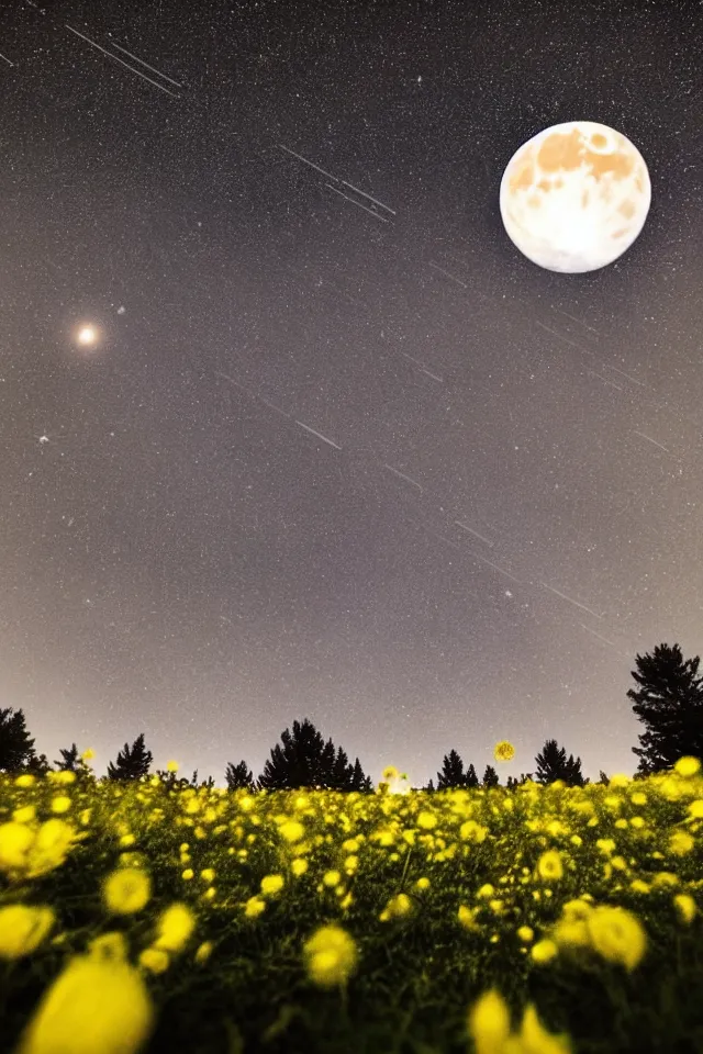 Prompt: low angle, shot from below. two very large moons in night sky. milky way in the night sky. 3 0 second shot. heavy meteor shower. field of big frozen yellow flowers. f 1. 8 lens, lens flare, bokeh. high detail. photorealistic