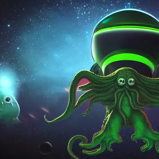 Prompt: hyper realistic wide view, occult cosmonaut with glowing magic symbols on his suit, highly detailed octane render 4k, floating in space with Cthulhu in the background, horror, despair, frightening